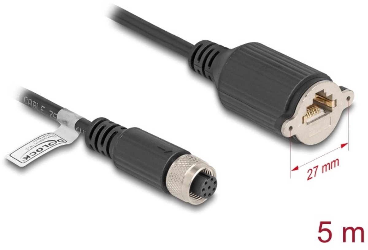 Delock M12 Cable A-coded 8 pin female to RJ45 jack for installation Cat.5e FTP 5 m black