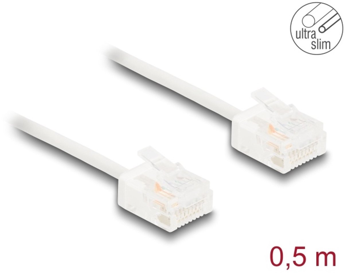 Delock RJ45 Network Cable Cat.6 UTP Ultra Slim 0.5 m white with short plugs