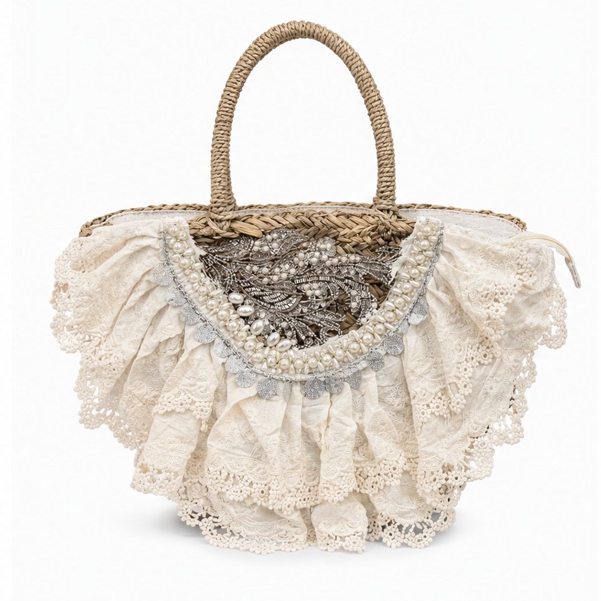 HS Ibiza Strandtas - Naturel Kant Zilver Schelp