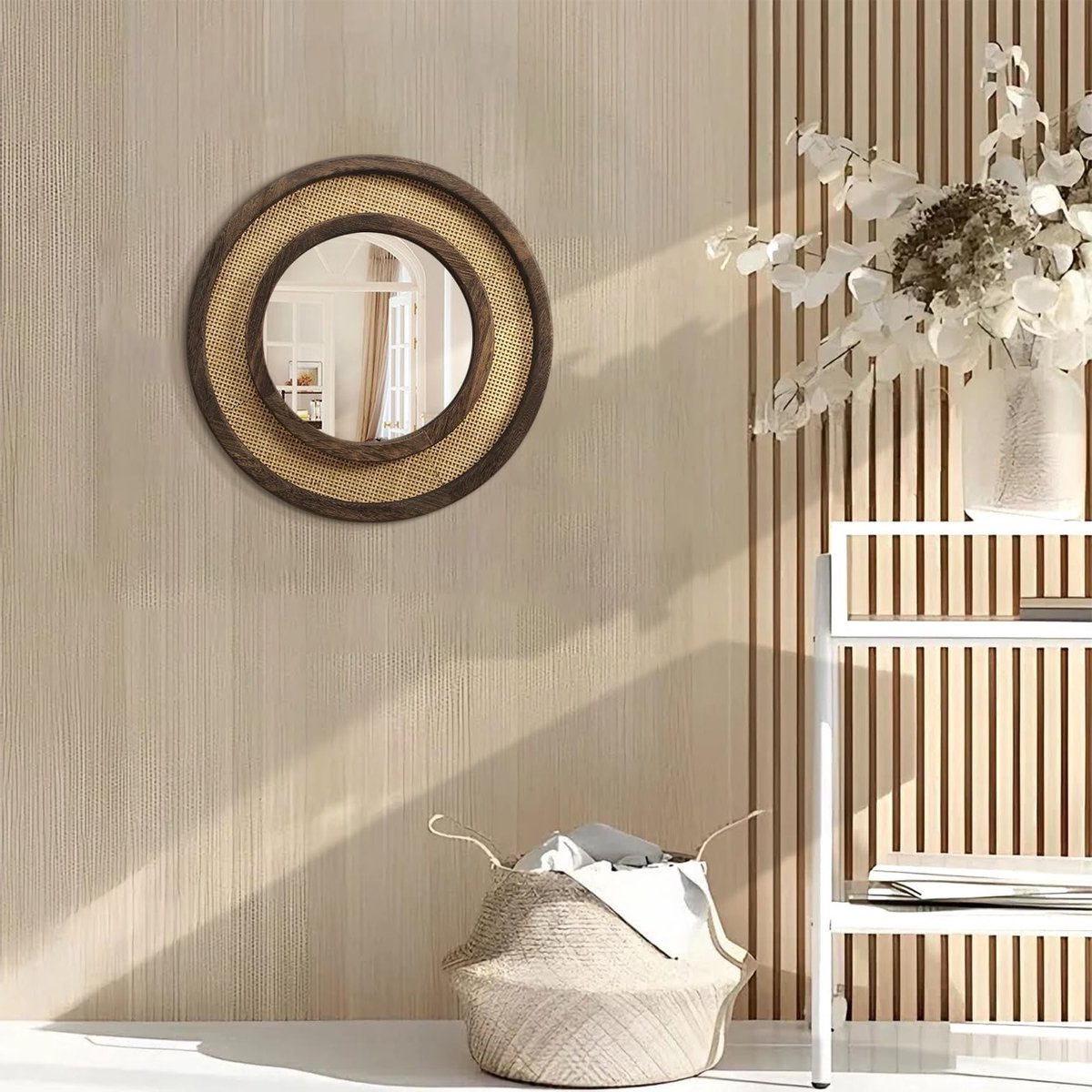 Ronde Houten Spiegel 40 cm voor Wanddecoratie, Geschikt voor Woonkamer, Badkamer en Hal, Donkerbruin Kleur
