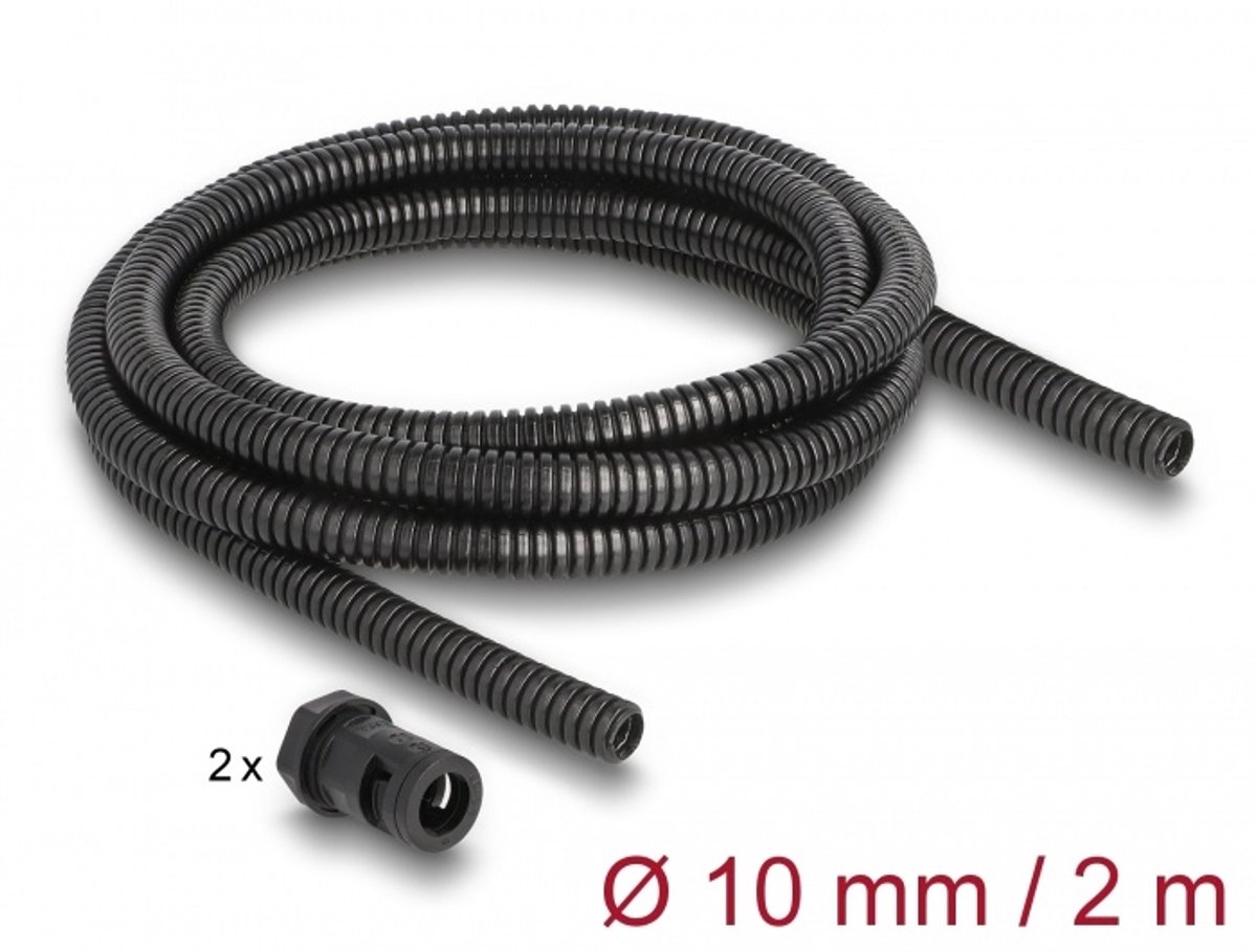 Kabelbeschermingshuls 2 m x 10 mm met 2 x PG7 Conduit Fitting Set zwart