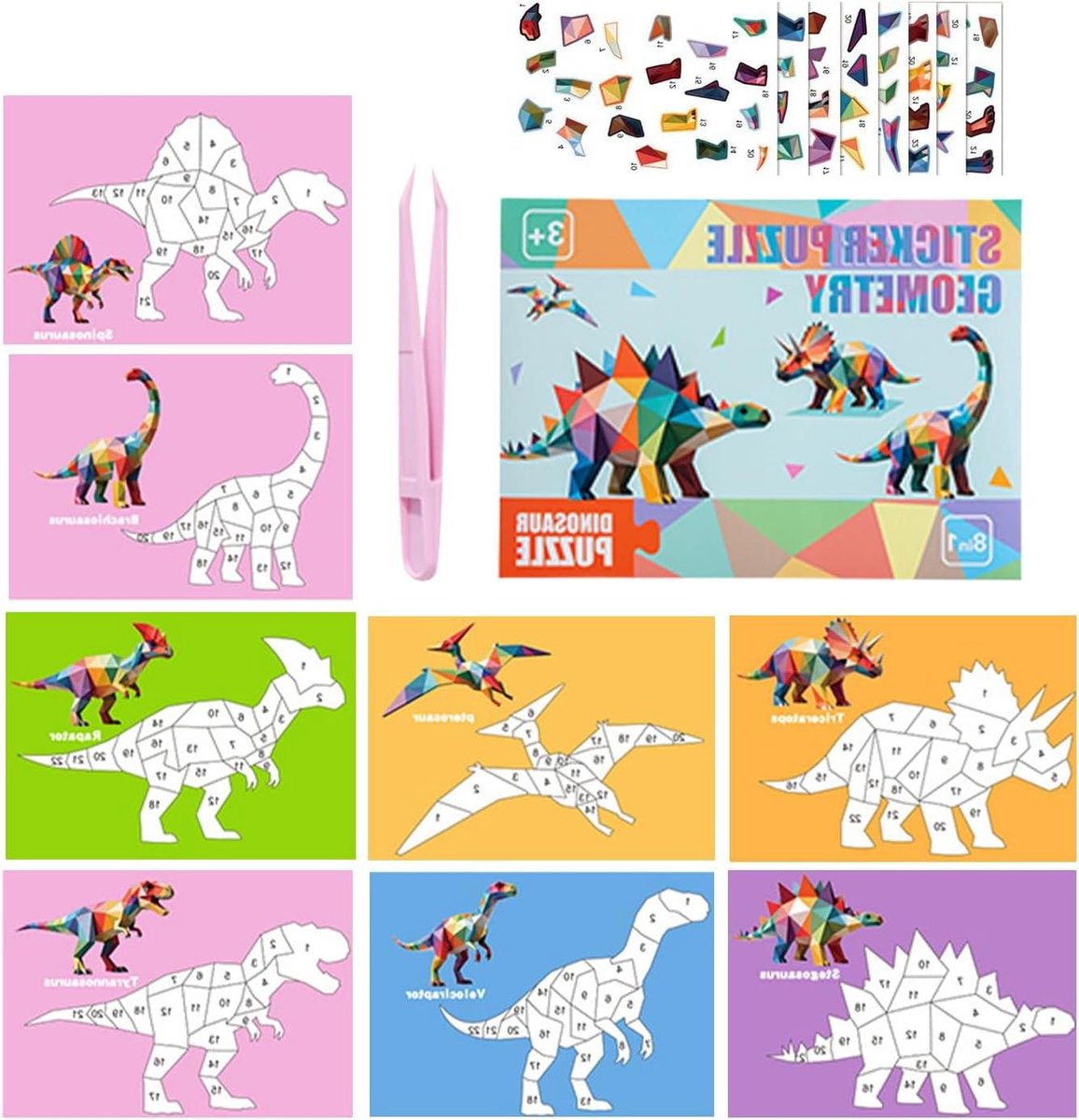Puzzelboek met stickers - Genummerd mozaïek - Creatief spel - Herbruikbaar en zonder resten - 190 gram - Dinosaurus