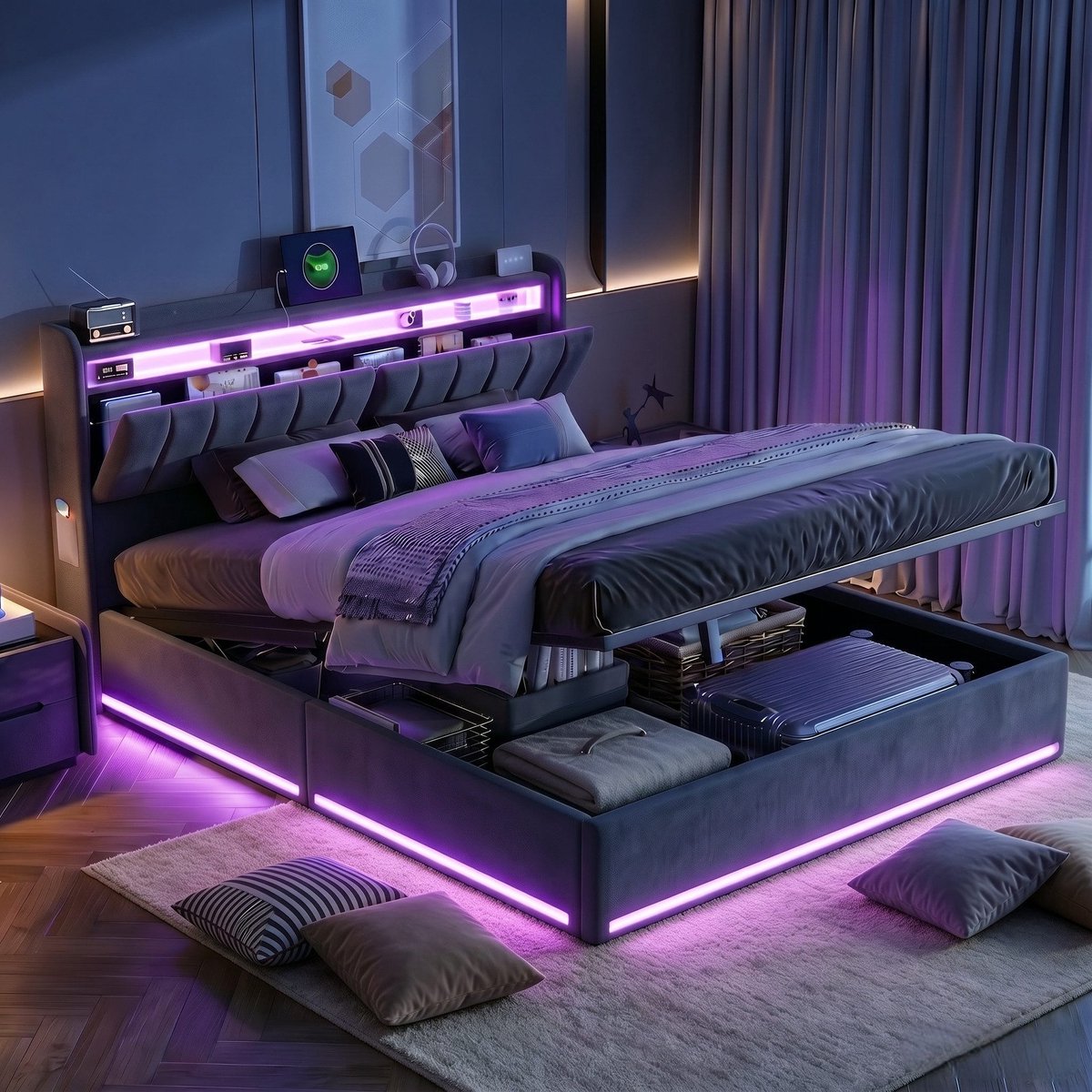 Opbergbed 140x200 cm – Grijs Fluwelen Tweepersoonsbed met LED-verlichting en Laadstation