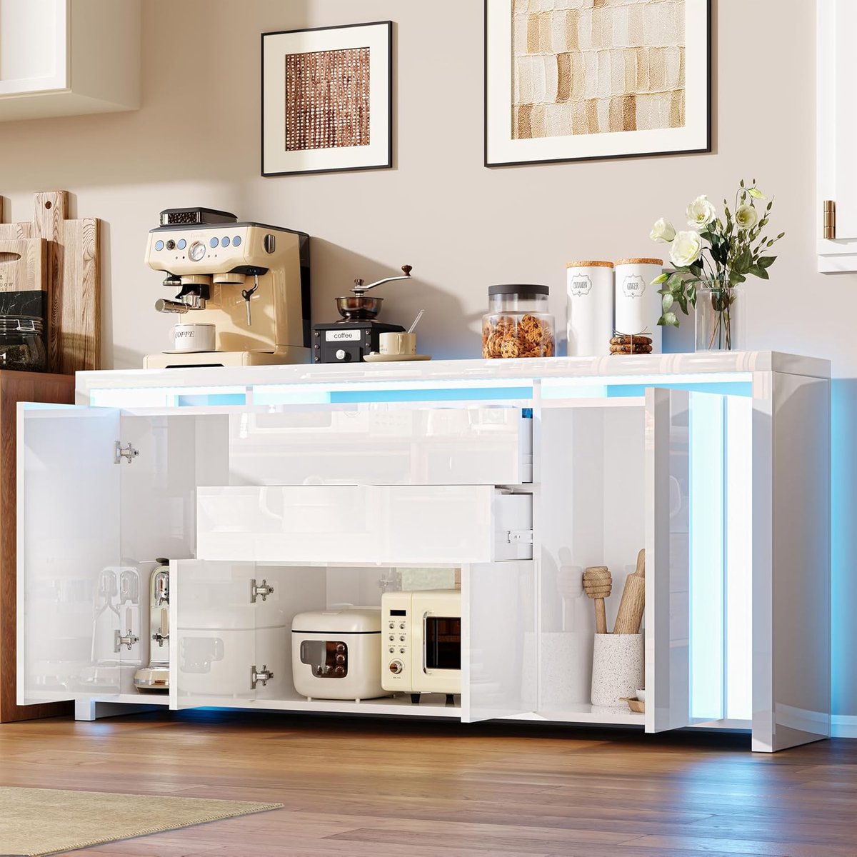 Luminexa Luxe LED Dressoir 160 cm Wit Hoogglans – Moderne Commode met 2 Lades & 4 Deuren voor Woonkamer, Hal, Slaapkamer en TV-Meubel