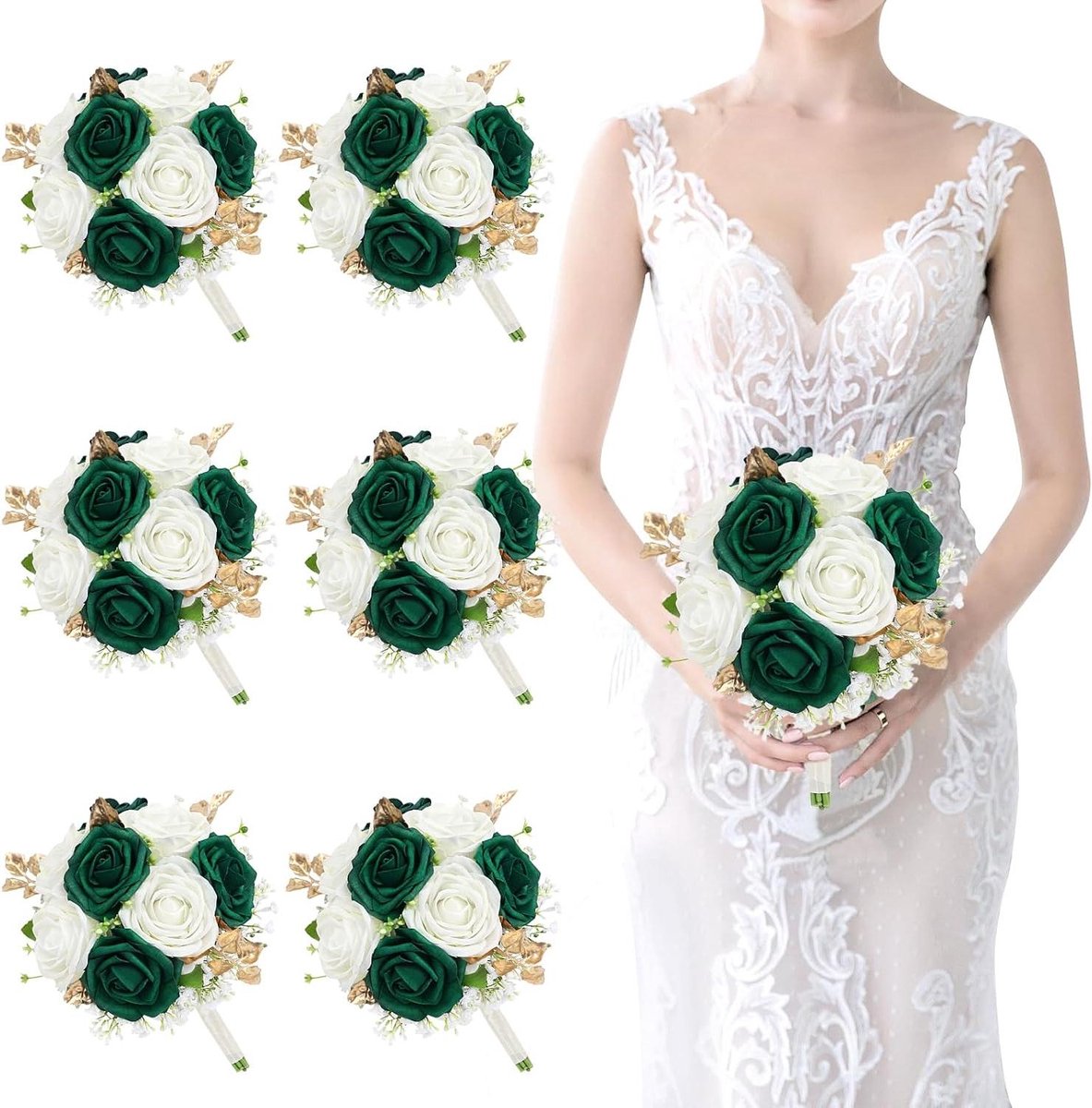 Bruidsmeisje boeket - Bruiloft bloemen - Bruiloft decoratie - Zijden bloemen - Set van 6 - Smaragd witgoud