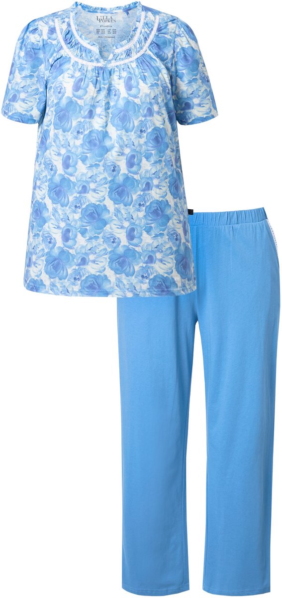 Ulla Popken Dames - Pyjama rozen kant ronde hals korte mouwen - Hemelsblauw - Maat 46+