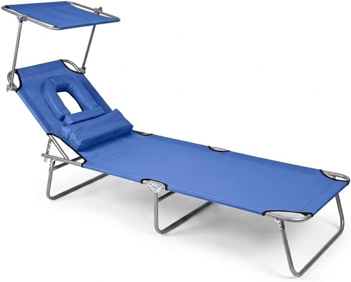 Strandstoel met leesgat - Opklapbaar ligbed - Zonnebaden en ontspannen - Verstelbare zonnekap - 189 cm lang - Blauw
