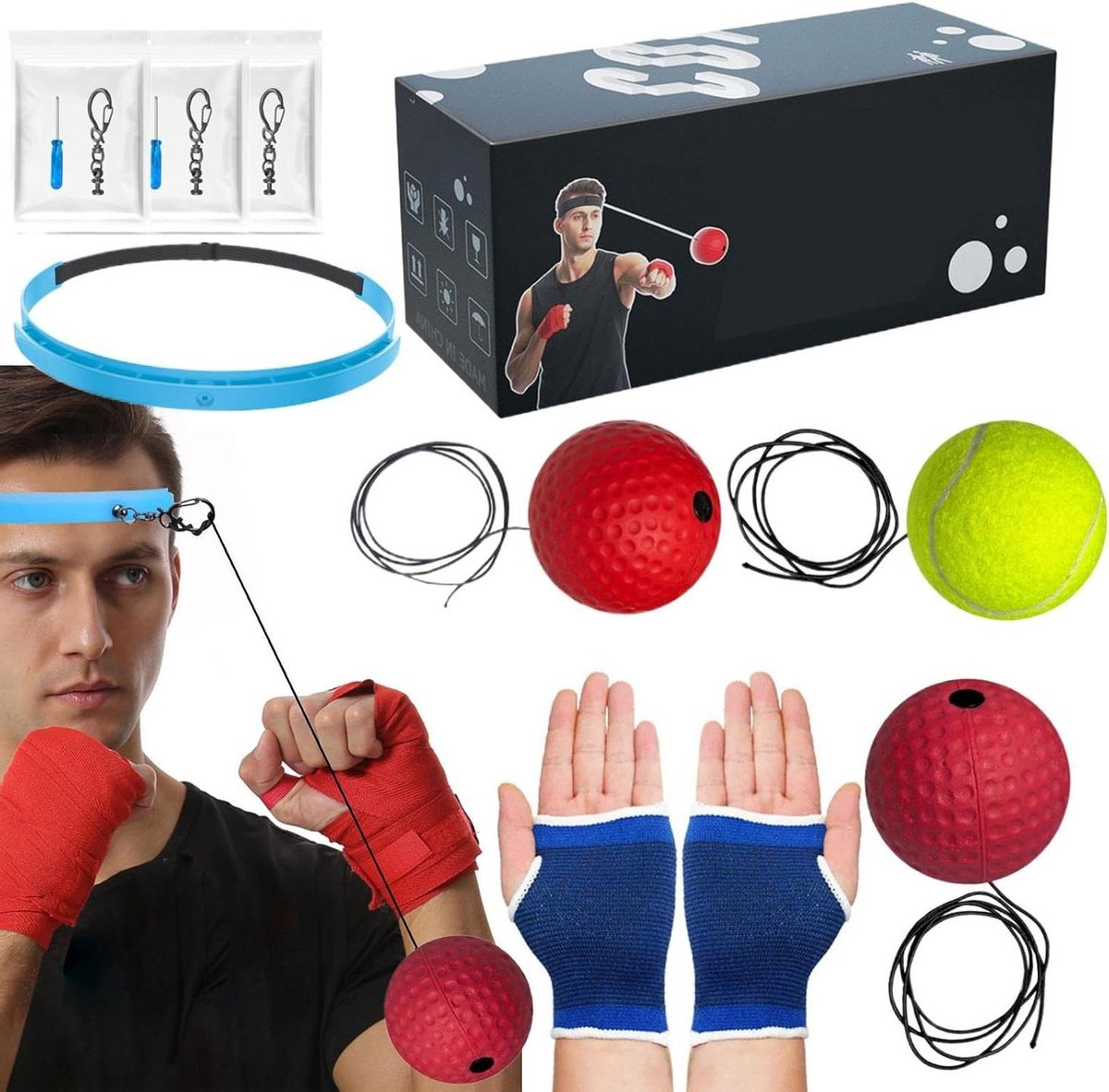 Boksen Reflex Bal - Hoofdband Set - Vaardigheden Verbeteren - Verstelbare Pasvorm - 3 Bollen Inbegrepen - Zwart