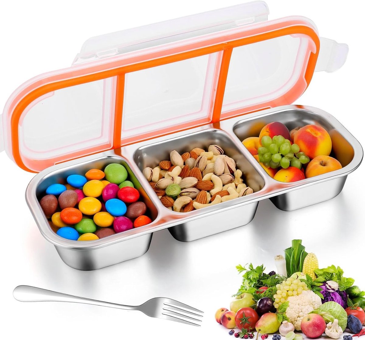 Snackdoos met Compartimenten van RVS, Ideaal voor Snoep, Noten en Groenten, Inclusief Bestek en Deksel, Perfect voor Lunch en Tussendoortjes
