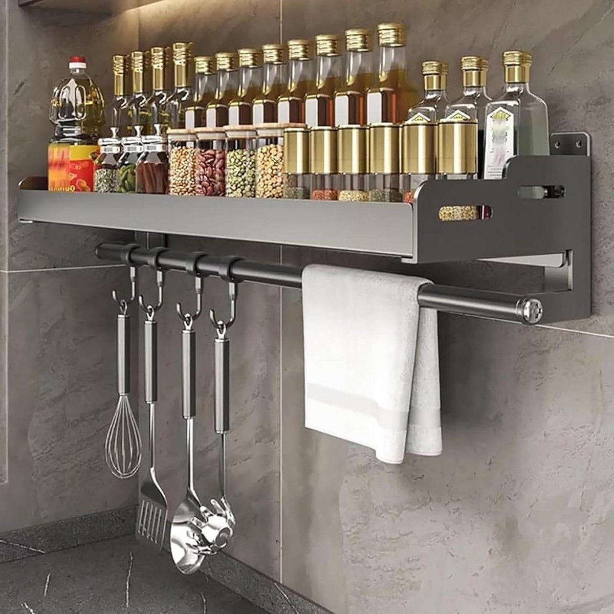 Kruidenrek Organizer - Wandrek Keuken - Keuken Opbergen - Flexibele Montage - 60cm - Grijs