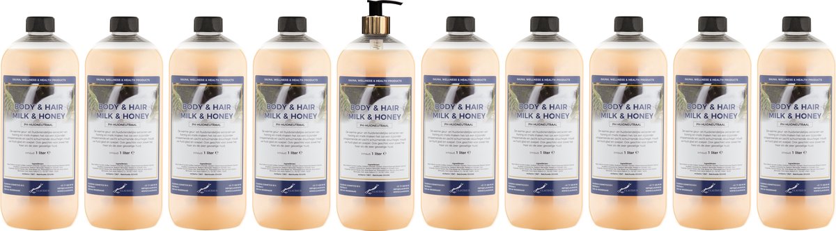 Body & Hair Milk & Honey 1 liter met gouden pomp - set van 10 stuks - 2 in 1 voor lichaam en haar - voordeelverpakking