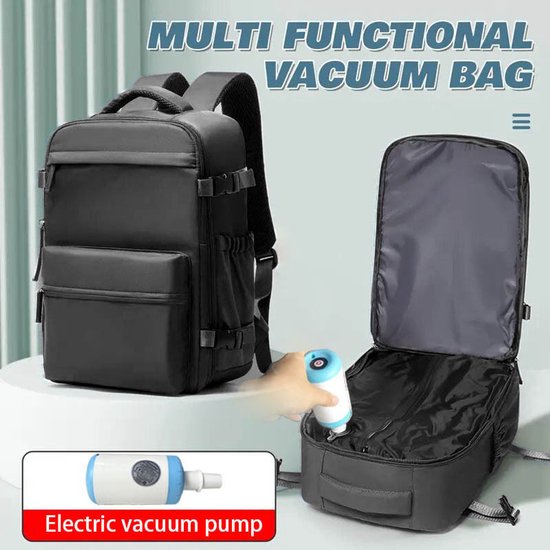 Vacuümrugzak - Vacuüm - Rugzak - Reistas - Inclusief Vacuümpompje - Handbagage - Grote Reisrugzak voor Dames en Heren - Vliegtuig - Koffer - Reisrugzak - Waterdichte Reistas - 42*29*15-Zwart - met elektrische pomp