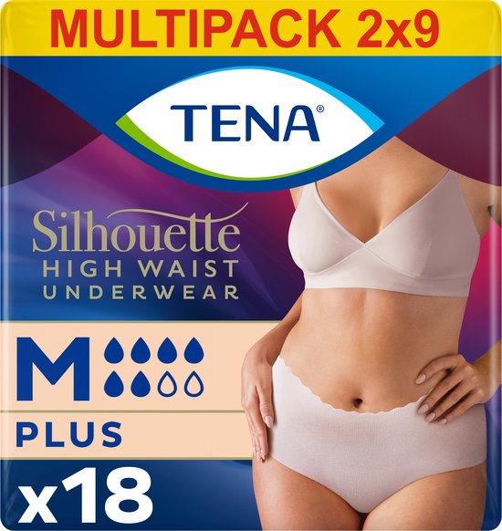 Verpakking van TENA Silhouette Plus, high waist ondergoed, crème, maat M, 18 stuks.
