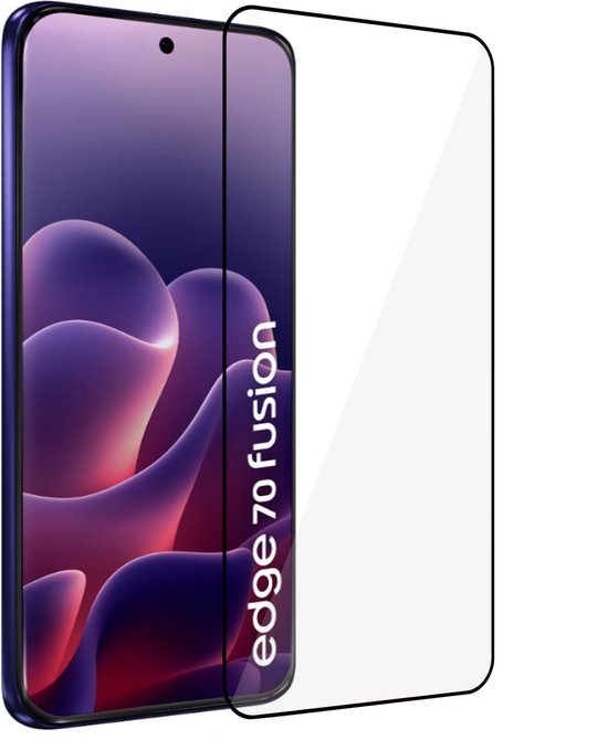 Transparante screenprotector met zwarte randen, op een telefoon met paars abstracte achtergrond.