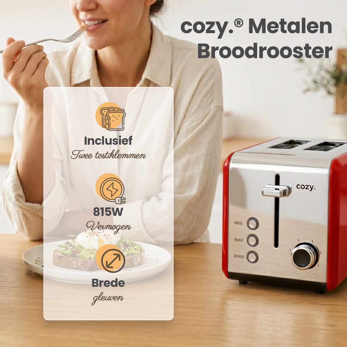 cozy.® Metalen Broodrooster met Tostiklemmen - Tosti Apparaat 850W - Retro Tosti Ijzer & Toaster - Brede Sleuven & 6 Standen - Ontdooi & Verwarm functie - Inclusief E-book - Broodrooster Rood thumbnail 3