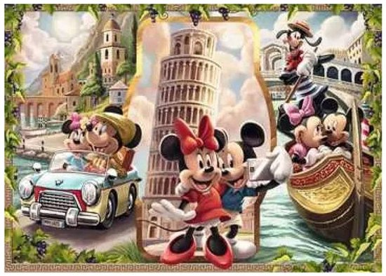 Mickey Mouse en vrienden reizen door Italië in een auto en gondel, met de Toren van Pisa op de achtergrond.