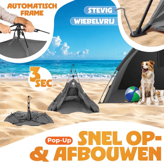 ELONEO Pop-up Strandtent UV-bescherming 80+, Lichtgewicht en compact inkl. draagtas, Strandzonwering & windbescherming voor baby’s en volwassenen - XL Grijs van ELONEO — afbeelding 5