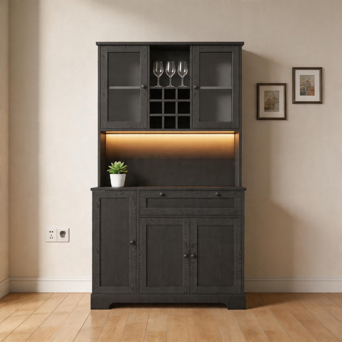 KOMHTOM - Keukenkast - Hoge kast / Vitrinekast - Geïntegreerd kruidenrek - Verstelbare legplanken - Kleurveranderende LED-verlichting en stopcontact - Afmetingen: 180 × 105 × 40 cm