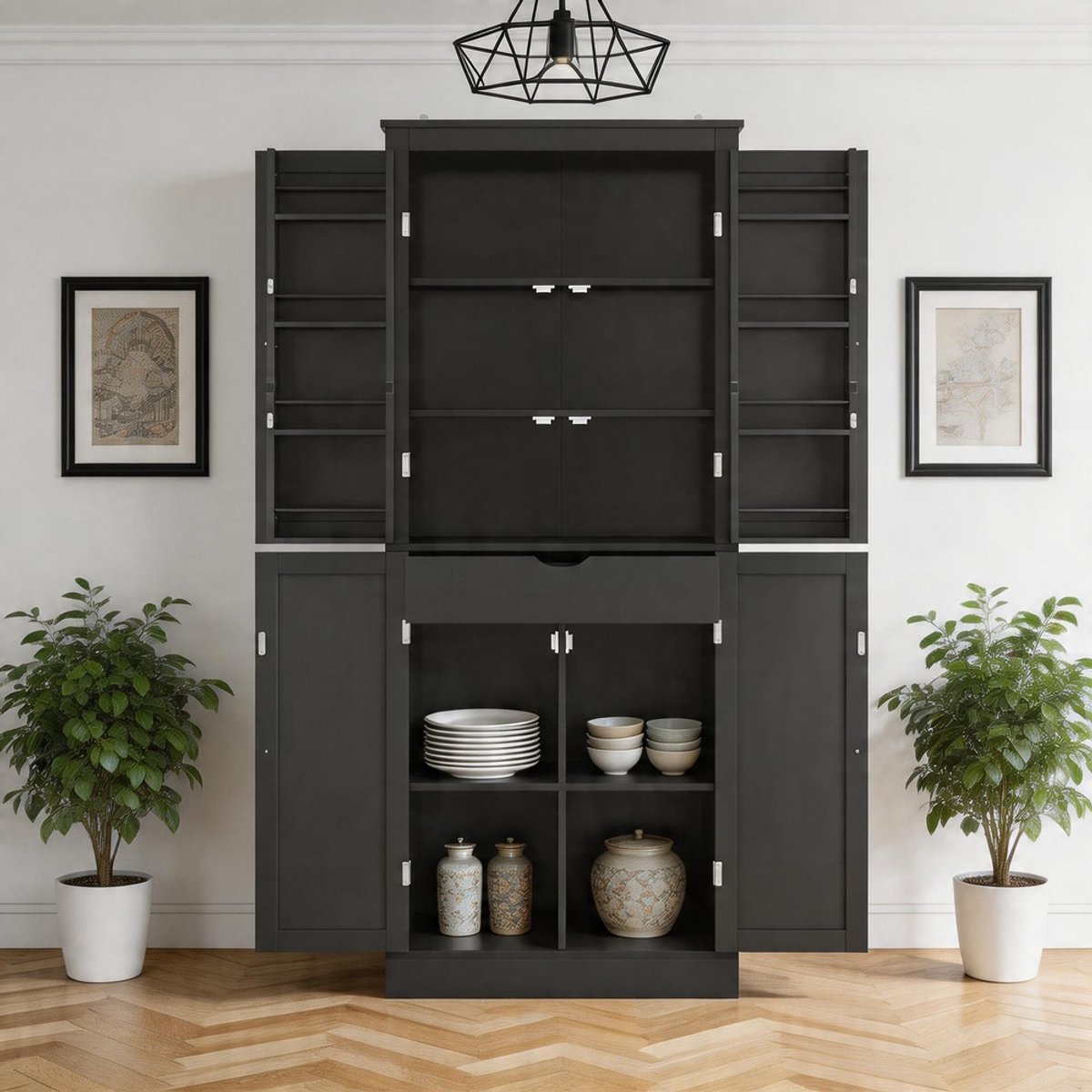 KOMHTOM - Keukenkast - Multifunctionele hoge kast - Sideboard met twee deuren met planken - Opbergvakken en een binnenliggende lade - Afmetingen: 182 × 40 × 75 - Geschikt voor keuken, eetkamer en woonkamer