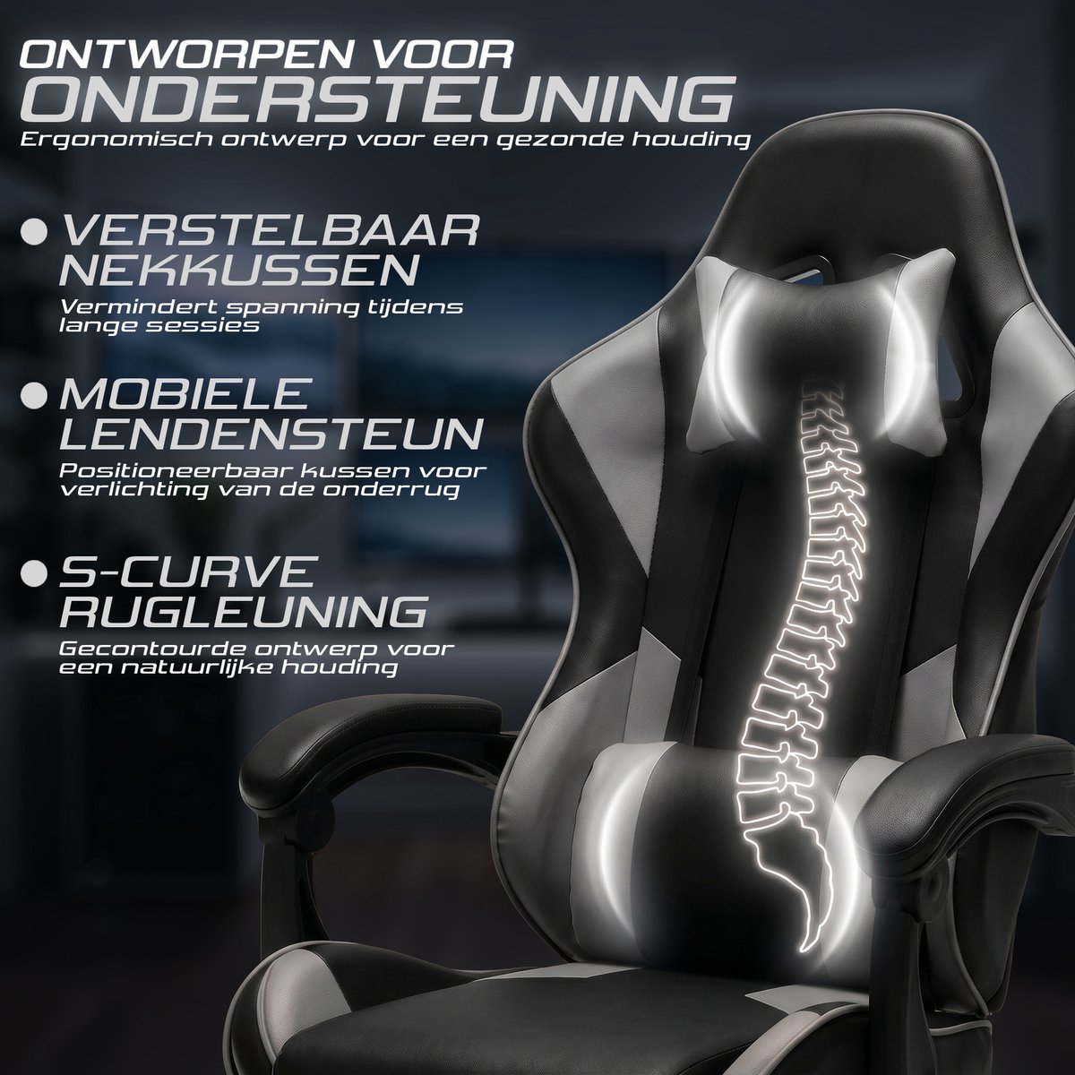 Gaming Stoel – Comfortabele Gamer Chair – Zwart/Grijs – Verstelbaar – foto 4