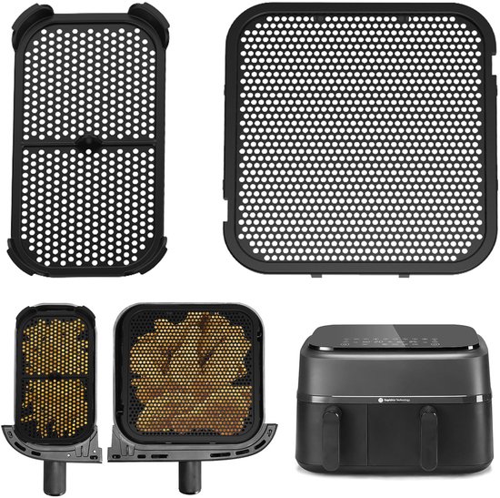 Collage van zwarte siliconen airfryer spatschermen en een zwarte dubbele mand airfryer. Twee manden zijn gevuld met gefrituurd eten. Tekst: 2 PCS Silicone Splash Guards.