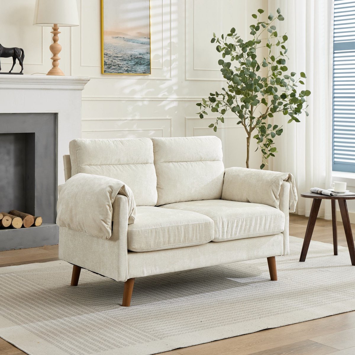 Zitbank - Chenille zitbank - Bank met armleuningen - Comfortabele compacte 2-zitsbank - 124 x 70 X 85 cmGeschikt voor Woonkamer/Kantoor/Appartement - Beige