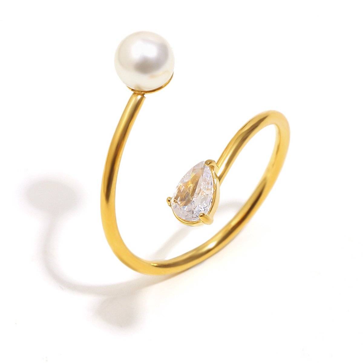 Cristaé Luxe Verstelbare Ring Dames – 18K Verguld RVS met Parel & Zirkonia – Waterproof Hypoallergene Gouden Open Ring