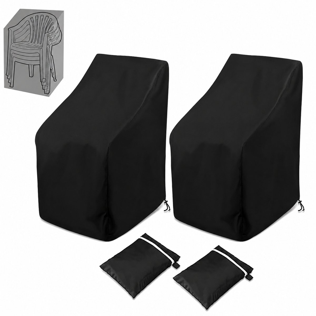 sollbry 2 Stuks Waterdichte Tuinstoelhoes voor Buiten - 89*89*120/89cm - Waterdichte Beschermhoes Tuinmeubelen - Stapelstoelen & Klapstoelen - Met Winddicht Trekkoord en Opberghoes - UV-Bestendig 210D Oxford - Tuinmeubelhoes - Afdekzeil - Zwart - SOLLBRY®