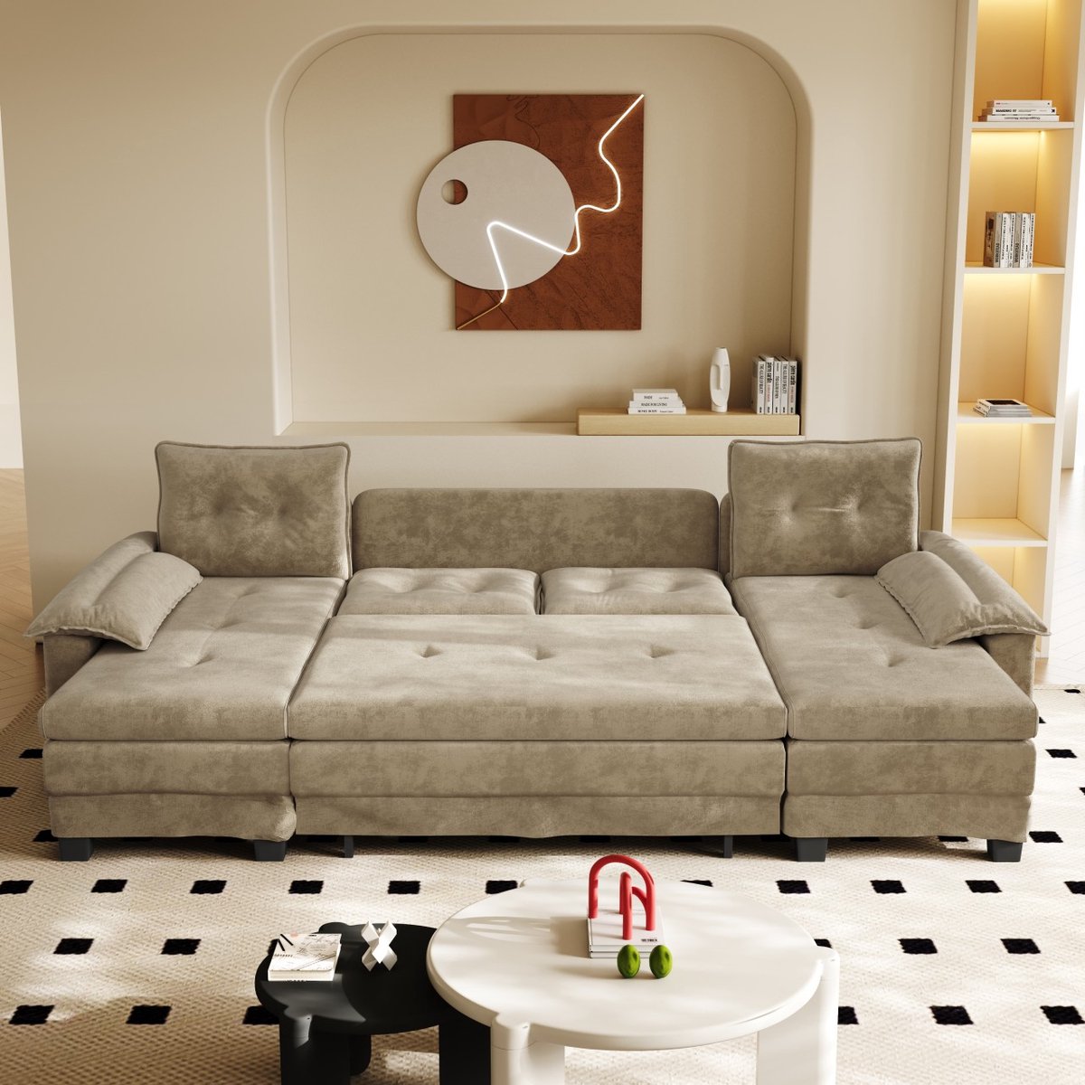 U-Vormige Slaapbank 278 cm - Modulaire Hoekbank Met Slaapfunctie En USB - Chenille Sofa 4-5 Personen - Camel