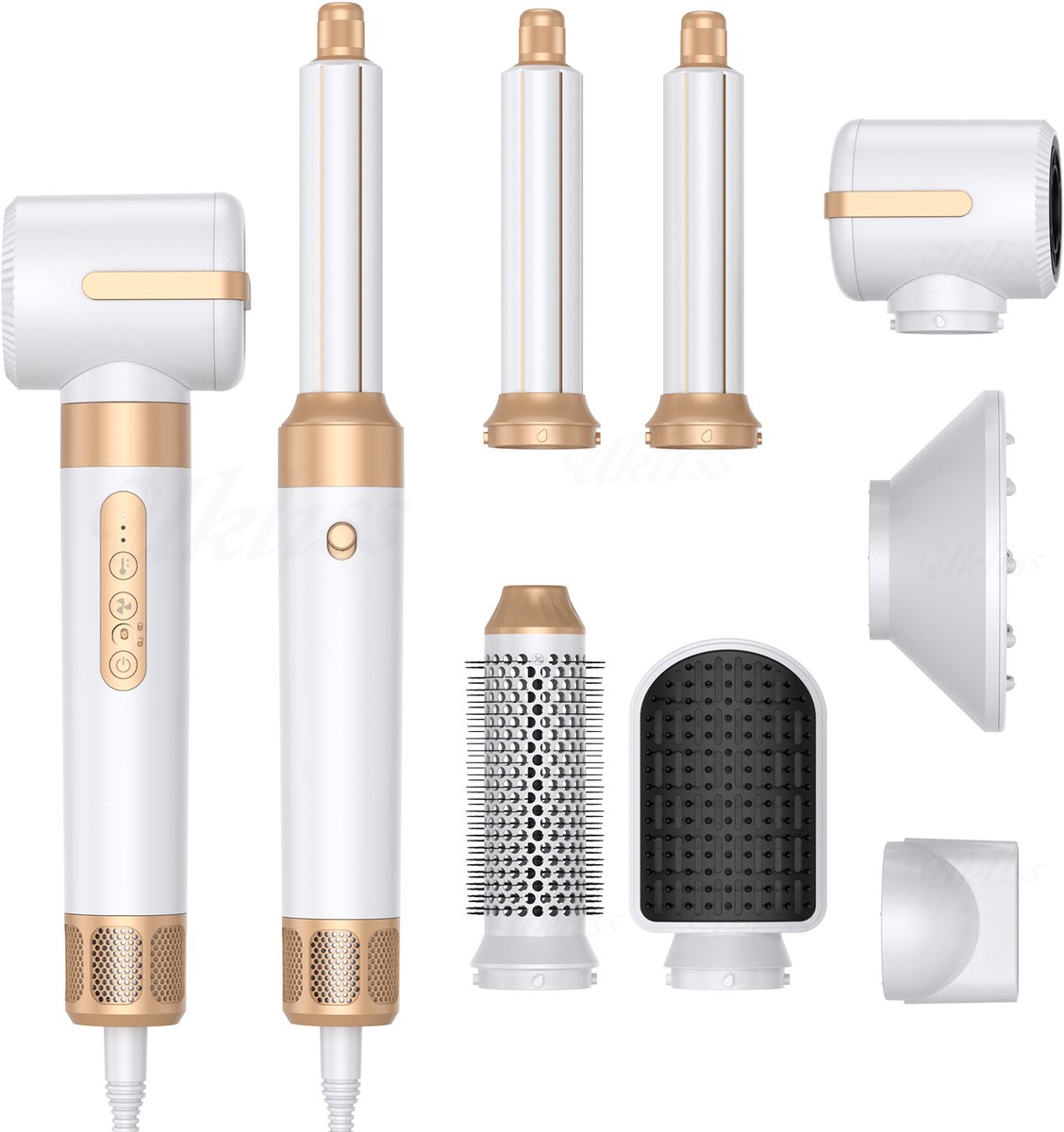 UKLISS 7-in-1 High Speed Multistyler & Föhnborstel - Professionele Warme Luchtborstel - Krachtige Digitale Motor 1400W - Voor Krullen, Stijlen en Snel Drogen - Wit/Goud