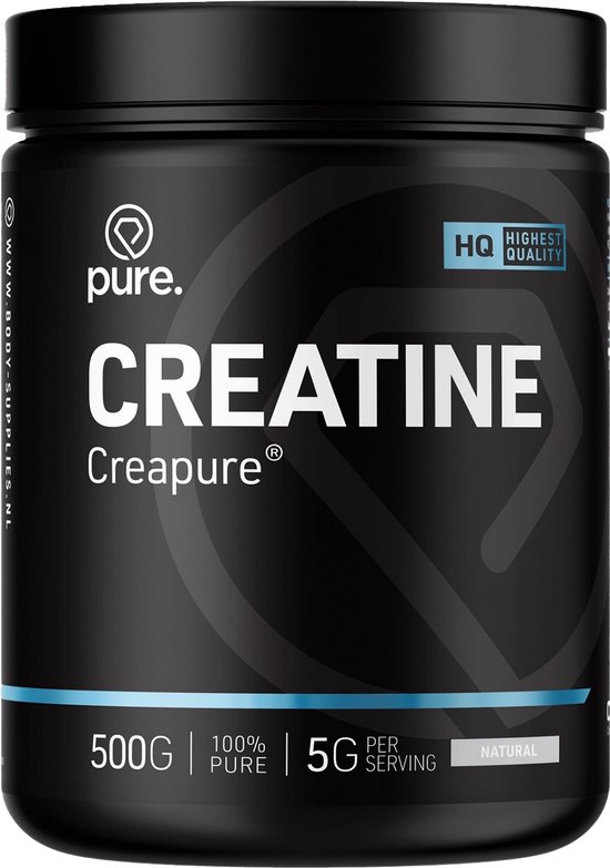 Zwarte pot met "pure. CREATINE Creapure" en "500g 100% PURE 5G PER SERVING NATURAL" in witte en blauwe letters.