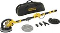 Een gele en zwarte Stanley Fatmax telescoopschuurmachine met accessoires en een draagtas.