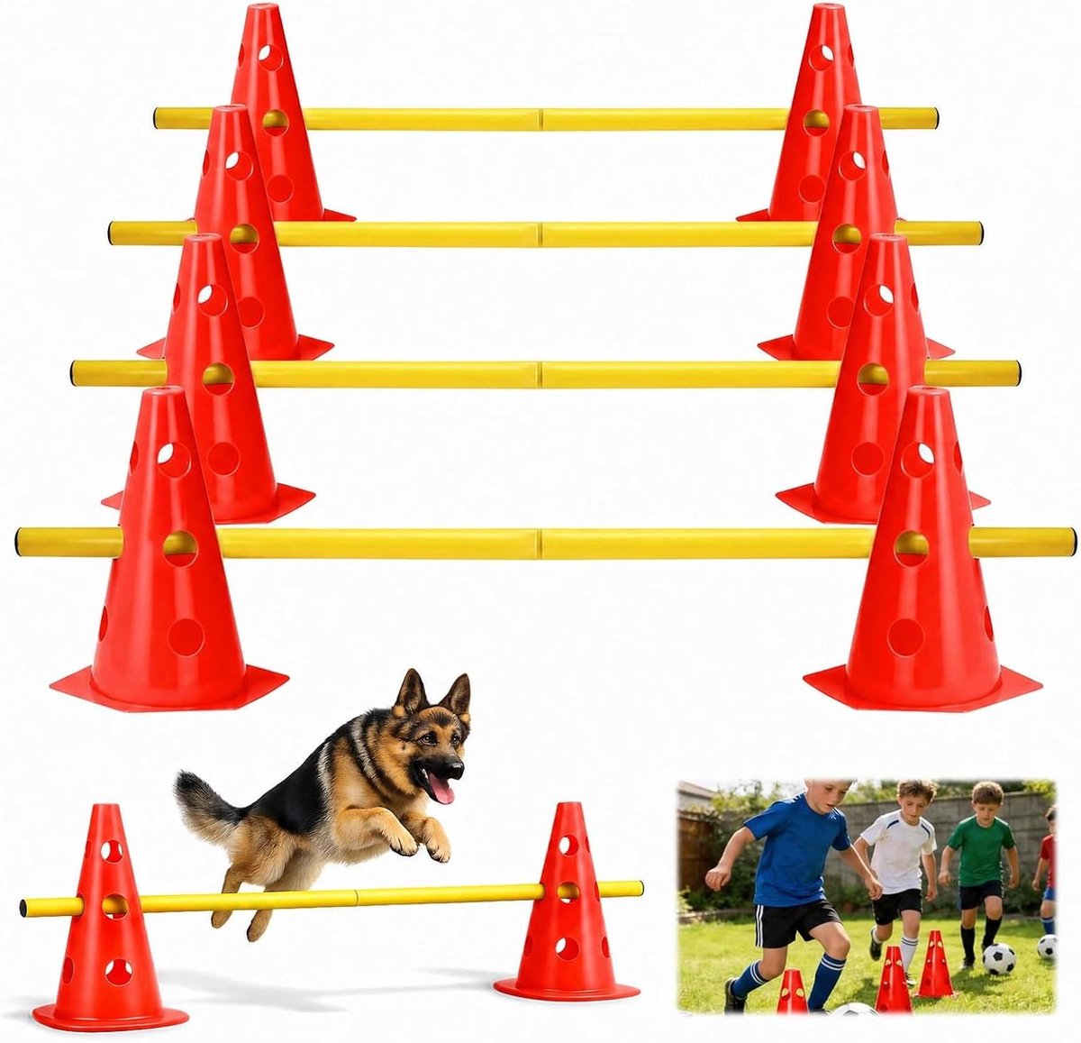 Steekhordenset 10 kegels - Trainingsset obstakels - Hondensport training - In hoogte verstelbaar - 23 cm hoog - Zwart