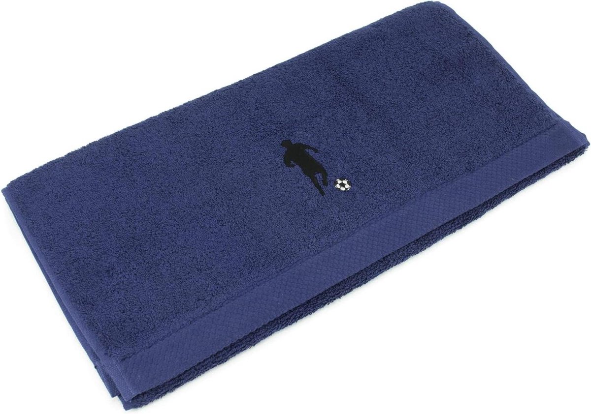 Badhanddoek Katoen - Zachte Handdoek - Badkamer Comfort - Geborduurd Voetbal Thema - 50 x 100 cm - Marineblauw