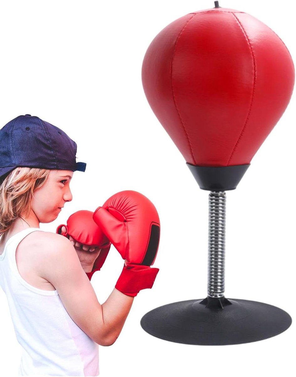 Desktop Bokszak - Zuignap Boksbal - Stress Verlichten - Stevige Zuignap - 37 cm Hoog - Rood