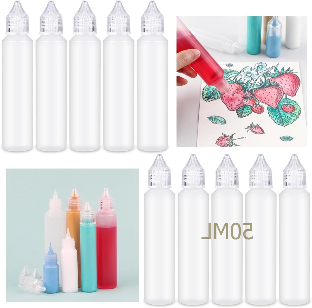 Set van 10 lege 50ml applicatorflessen met fijne punt; plastic knijpfles voor lijm, verf en inkt; ideaal voor kleine projecten, papierquilling en acrylverf