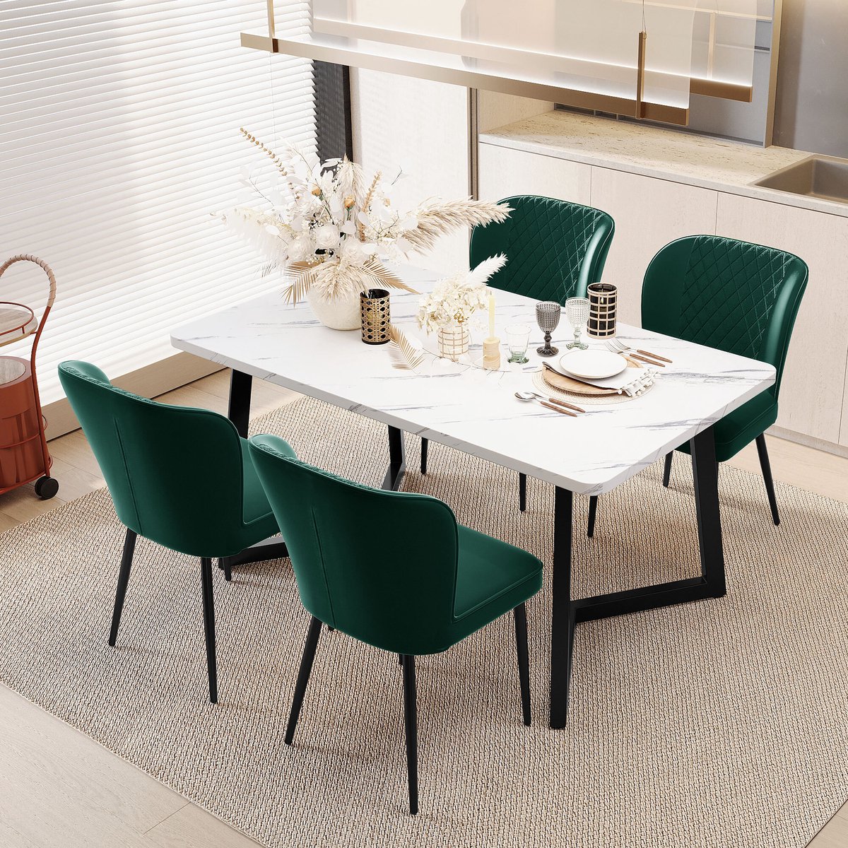 Welltin Eetkamerstoel Velvet Groen - Set van 4 - Gestoffeerde - Metalen Poten - Met rugleuning - Ergonomisch - Modern stijlvol design aan de eettafel Groente