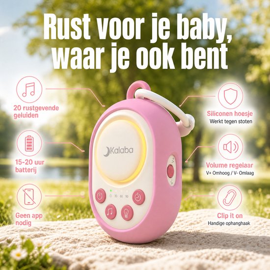Kalaba Go – White Noise Machine Baby – Witte Ruis Apparaat – 20 Geluiden – Nachtlampje – Oplaadbaar – Roze — afbeelding 2