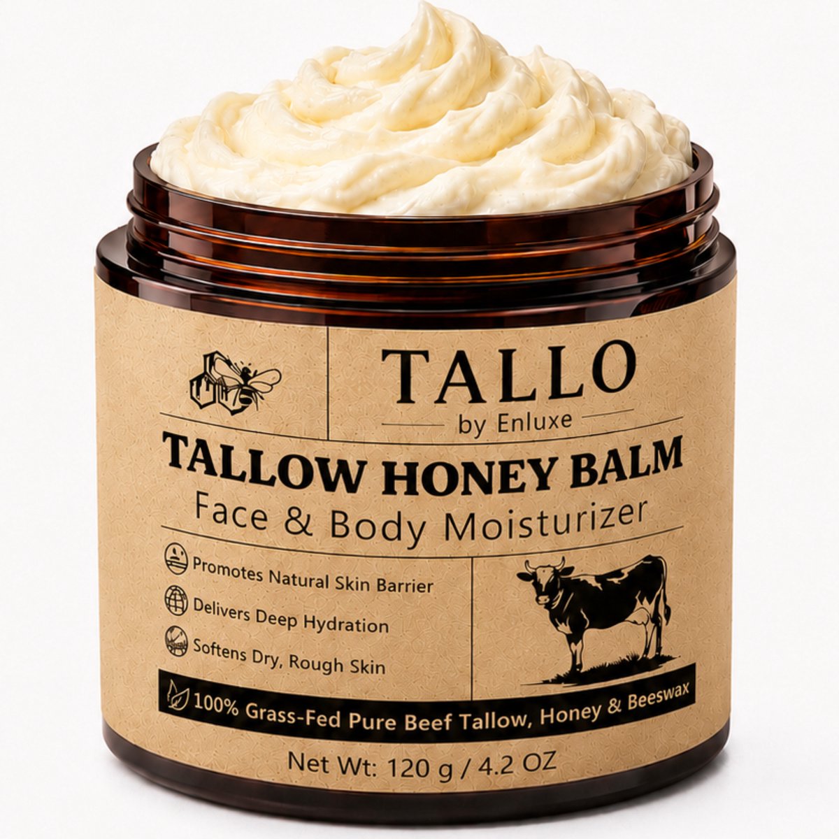 TALLO by Enluxe Tallow Honey Balm 120 ml - 100% Natuurlijke Beef Tallow Crème - Gezichtscrème & Body Balm - Met Grasgevoerde Tallow, Ruwe Honing en Beeswax
