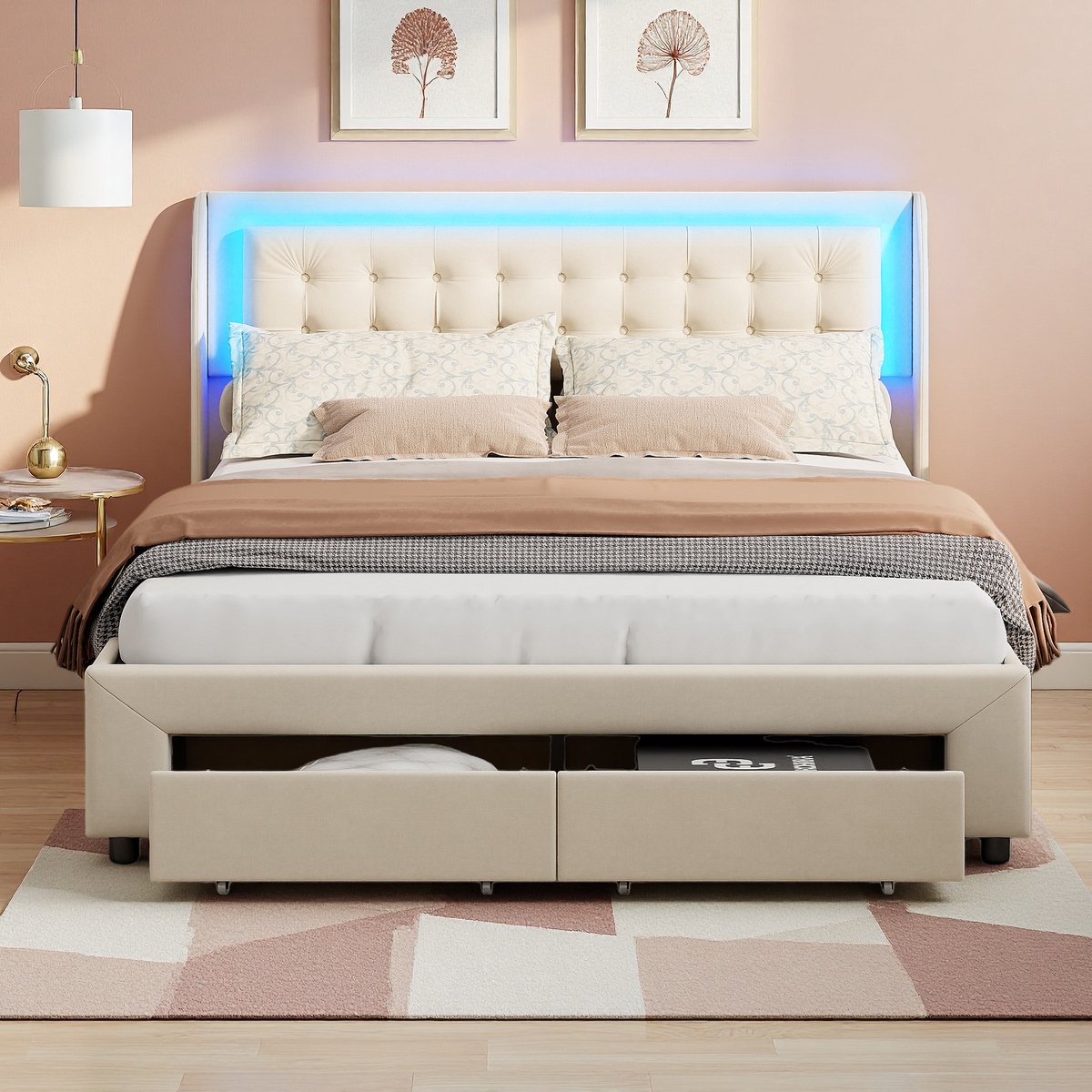 SHOPENTRA Opbergbed 160x200 cm Beige Fluweel thumbnail 4