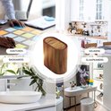 Collage met een ovale afvalbak met houtlook, in verschillende ruimtes: kantoor, keuken, badkamer en slaapkamer.