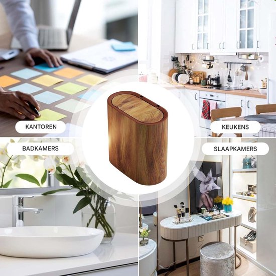 Collage met een ovale afvalbak met houtlook, in verschillende ruimtes: kantoor, keuken, badkamer en slaapkamer.