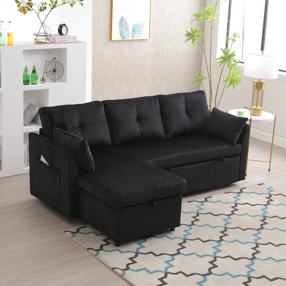Wishdor - Slaapbank Met Opbergruimte En Verplaatsbare Chaise Longue - Modulair - Modern - Corduroy - Zwart - 206 x 108 x 66 cm