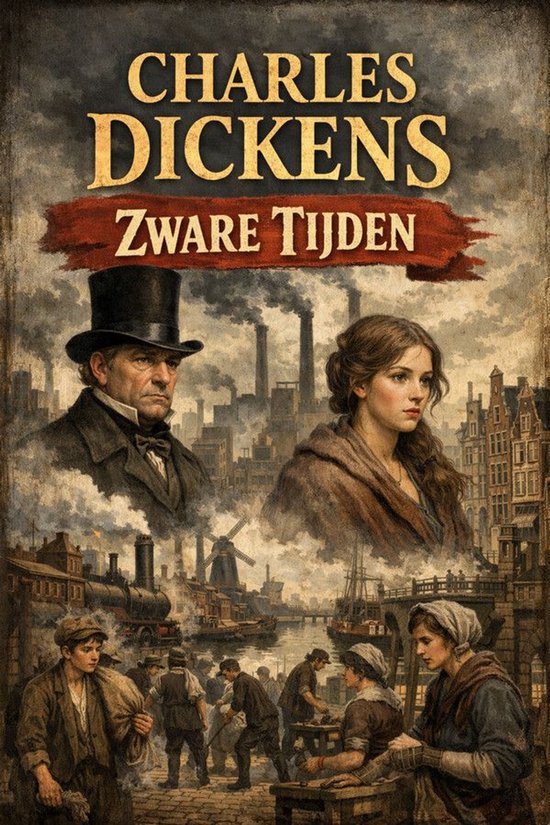 Boekcover met titel 'CHARLES DICKENS ZWARE TIJDEN'. Afbeelding toont Victoriaanse stad met fabrieksschoorstenen, stoomtrein, molen, haven en groepen mensen in kleding uit die tijd.
