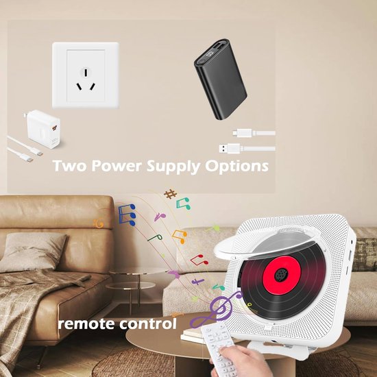 Draagbare CD-speler met Bluetooth, HiFi Luidspreker, Wandmontage, USB/AUX Muziekspeler, Wit — afbeelding 3