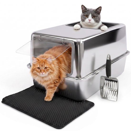 Kattenbak RVS gesloten – Transparant deksel met venster, schep & mat inbegrepen, 60x40x33cm, voor grote katten