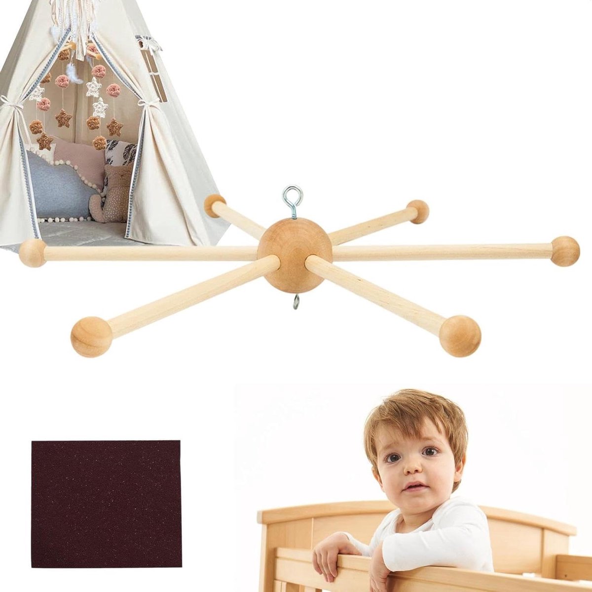 Houten Mobielhouder voor Kinderbed - Ophangsysteem voor Baby Mobiel, Decoratie en Speelgoed
