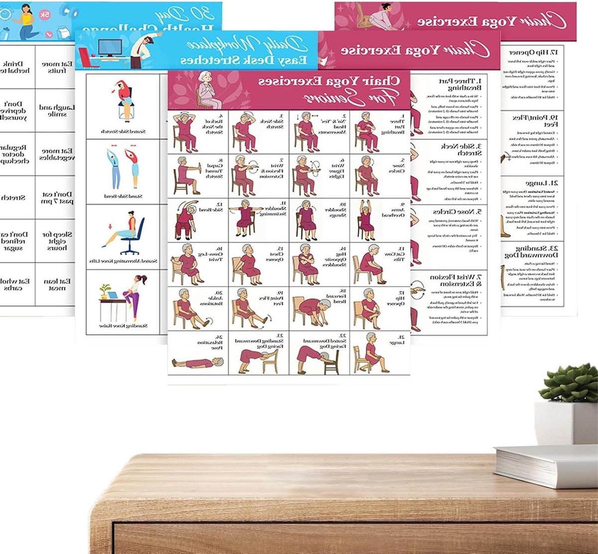 Yogakaart voor Senioren - Zittende Trainingsposter - Thuis Fitness - Grootschalige Illustraties - 27.8 x 22.2 cm - Niet gespecificeerd