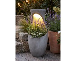 Bloempot met Solar Verlichting - Plantenbak Verlicht Tuinpot LED - Buiten Decoratie - Betonlook Design - 61 cm Hoog - Grijs