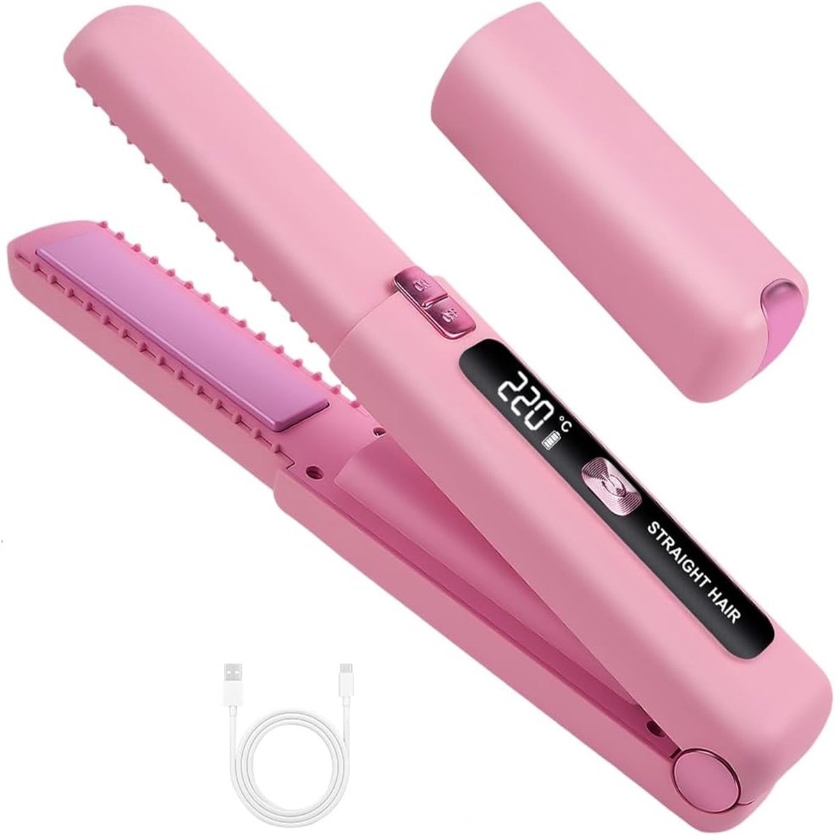 carmdering - 2 In 1 Glätteisen - Draadloos Stijltang - Reis Styling Tool - Snel Opwarmen Tot 220°C - 6 Temperatuurstanden - Keramiek Turmalijn Coating - LCD Scherm En Ionentechnologie - Ideaal Voor Onderweg En Reizen - 1 Stuk-roze